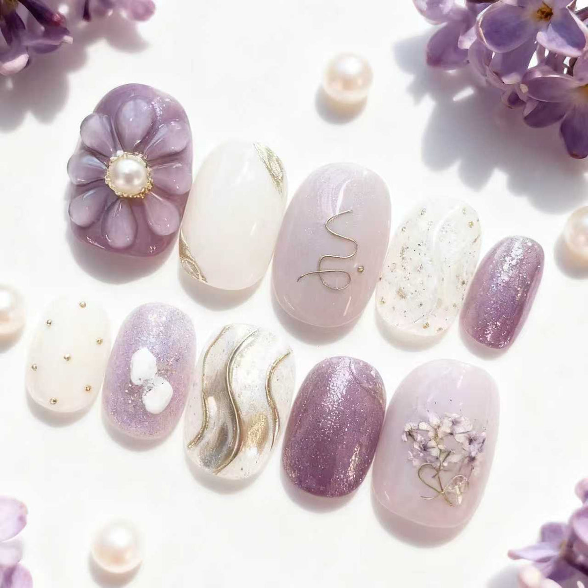 Press-On Nail Set Floral & Pearl Embellished Peel-And-Press