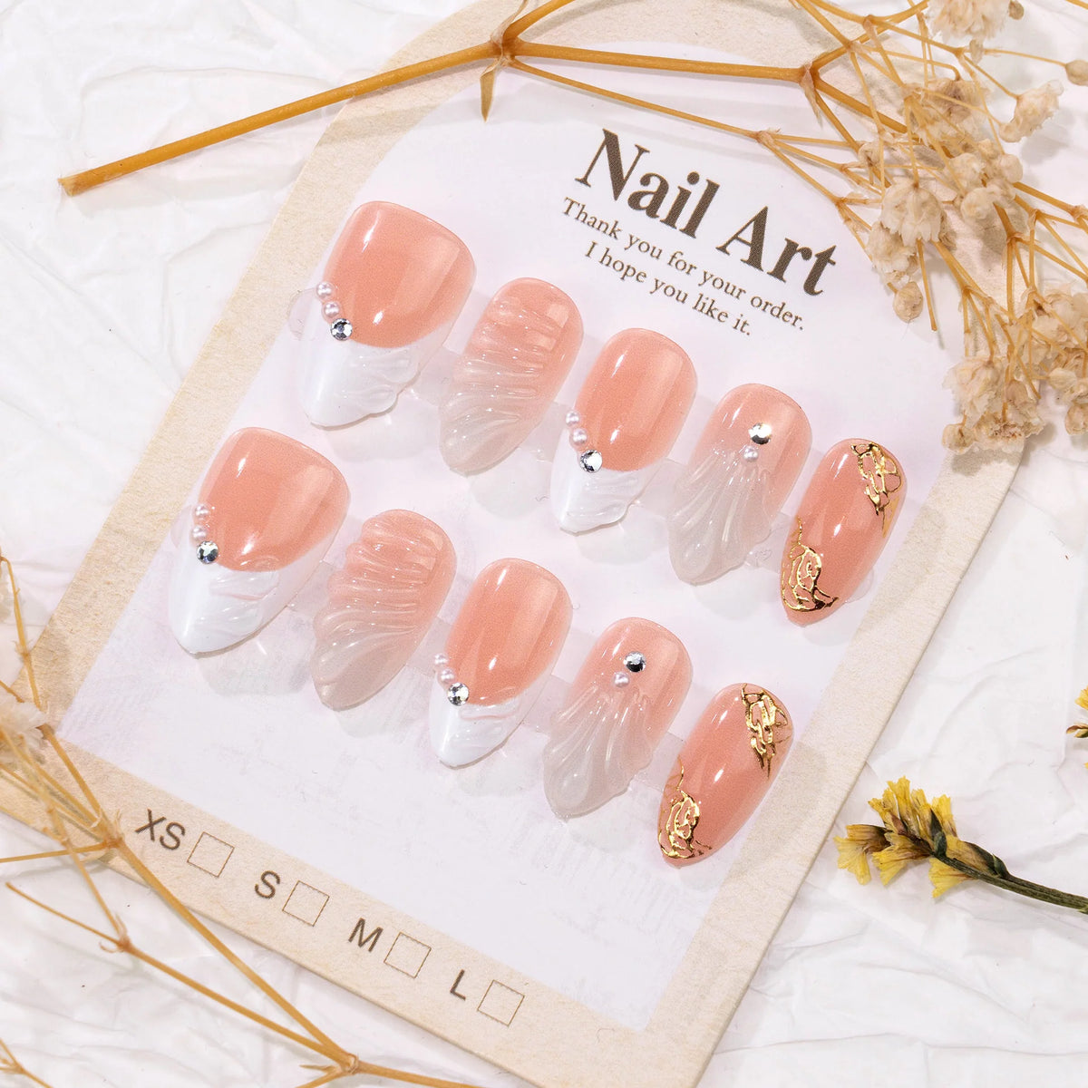 Press-On Nail Set Floral Pearl & Gold Reusable
