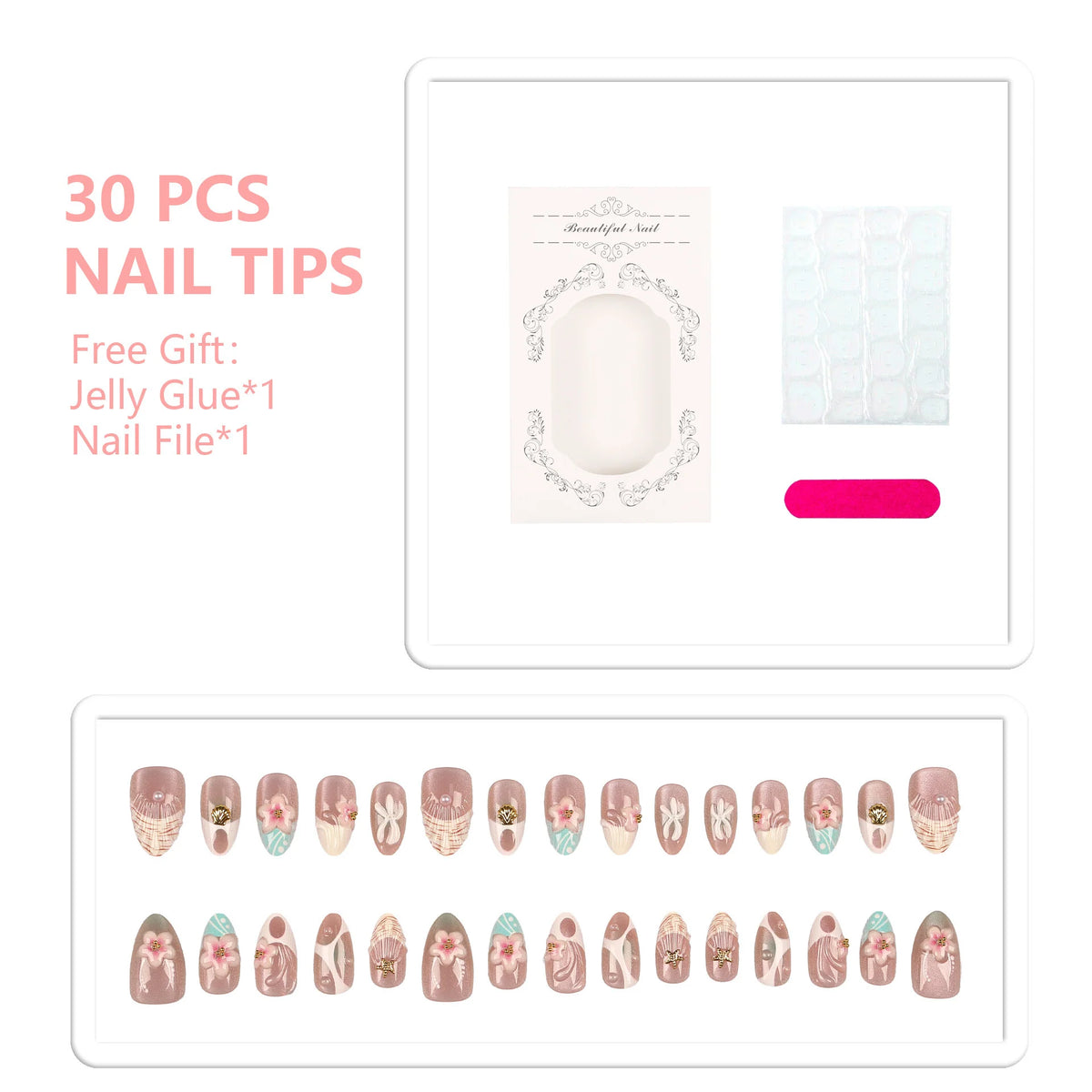 Press-On Nail Set Floral Peel-And-Stick Durable Acrylic