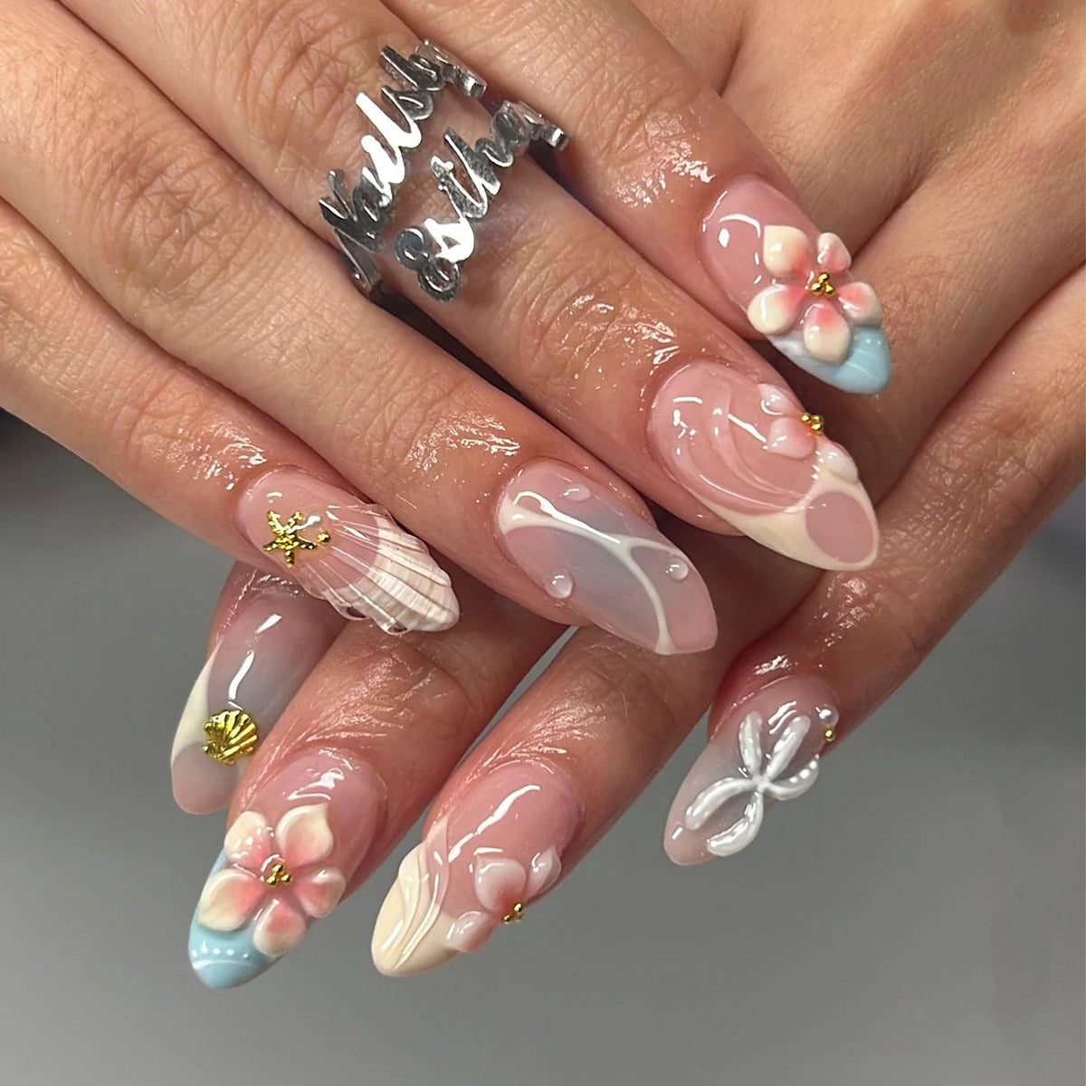 Press-On Nail Set Floral Peel-And-Stick Durable Acrylic