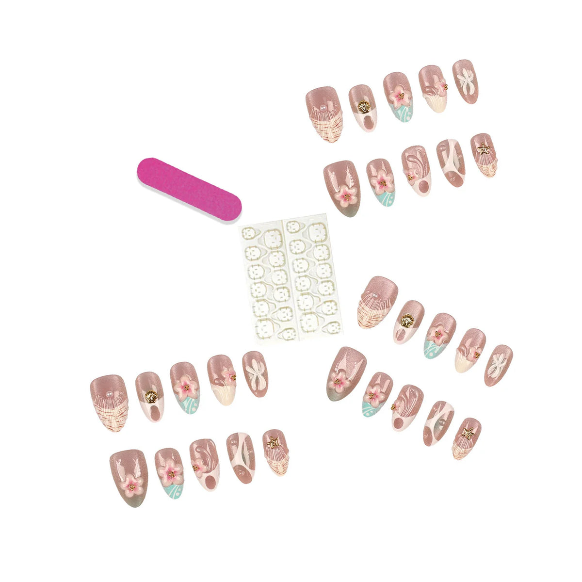 Press-On Nail Set Floral Peel-And-Stick Durable Acrylic