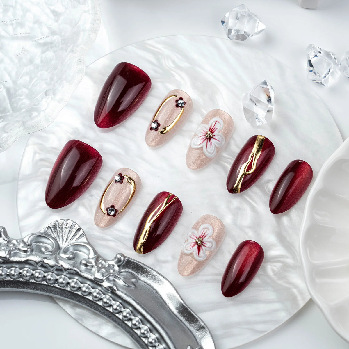 Press-On Nail Set Floral Peel-And-Stick & Reusable
