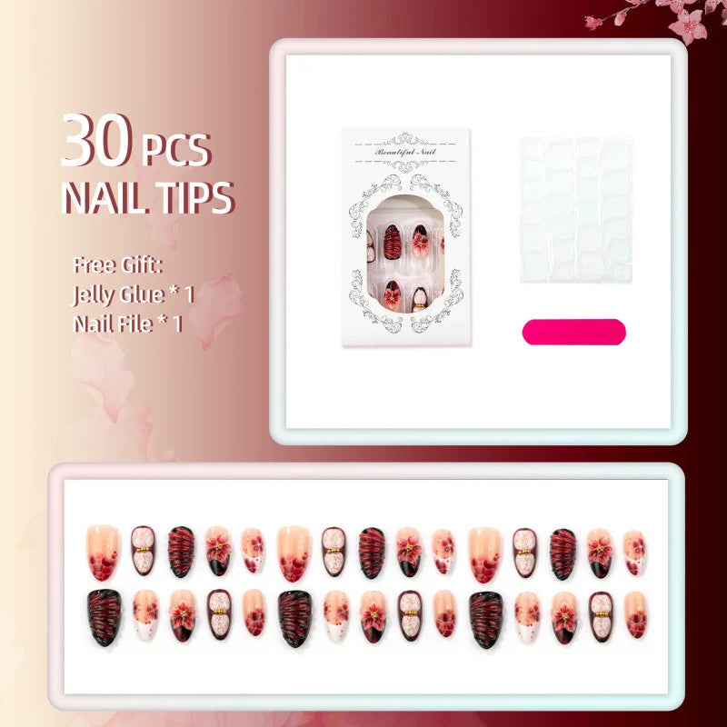 Press-On Nail Set Floral Peel-And-Stick & Reusable