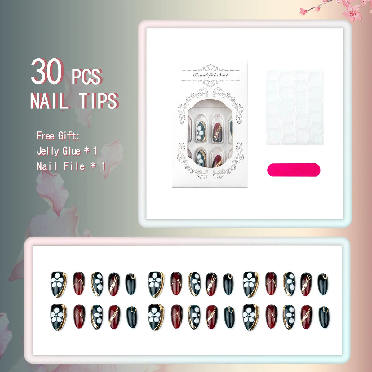 Press-On Nail Set Floral Peel & Stick Two-Week Wear