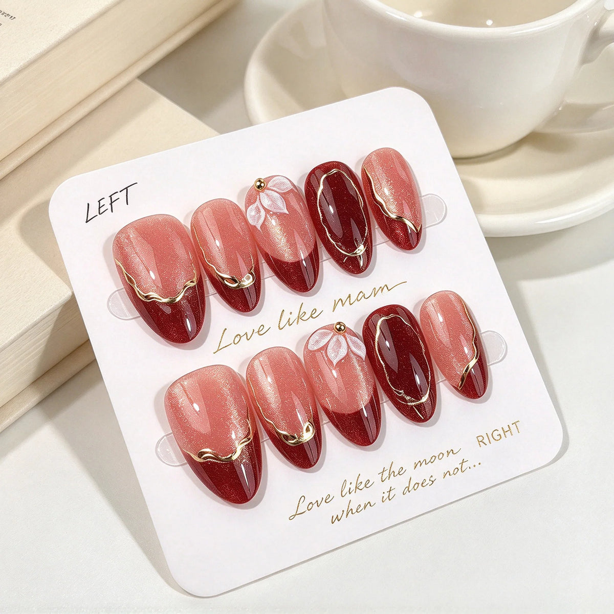 Press-On Nail Set Floral Pink & Burgundy Salon Finish