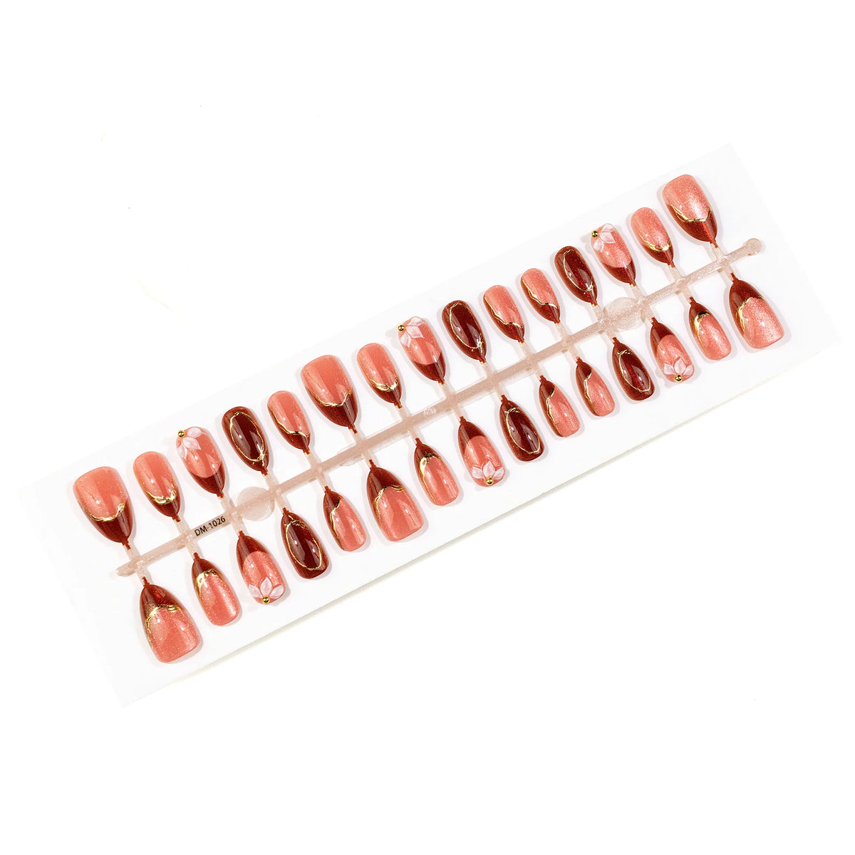 Press-On Nail Set Floral Pink & Burgundy Salon Finish