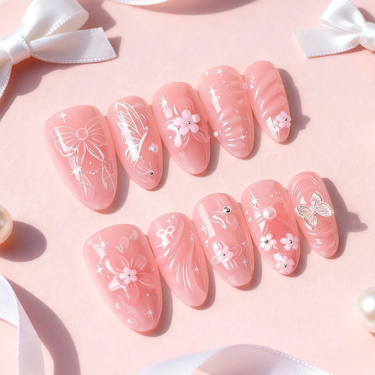 Press-On Nail Set Floral Pink Easy Application