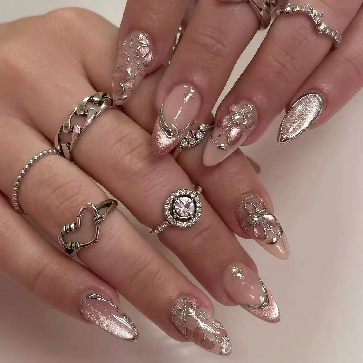 Press-On Nail Set Floral Pink Rose Multi-Size Long-Lasting
