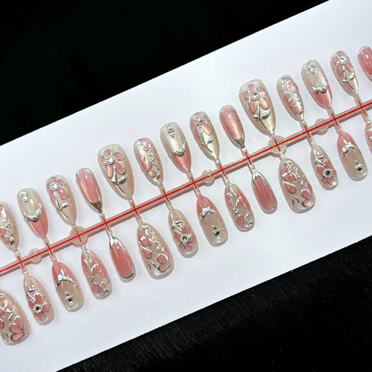 Press-On Nail Set Floral Pink Rose Multi-Size Long-Lasting