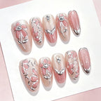 Press-On Nail Set Floral Pink Rose Multi-Size Long-Lasting