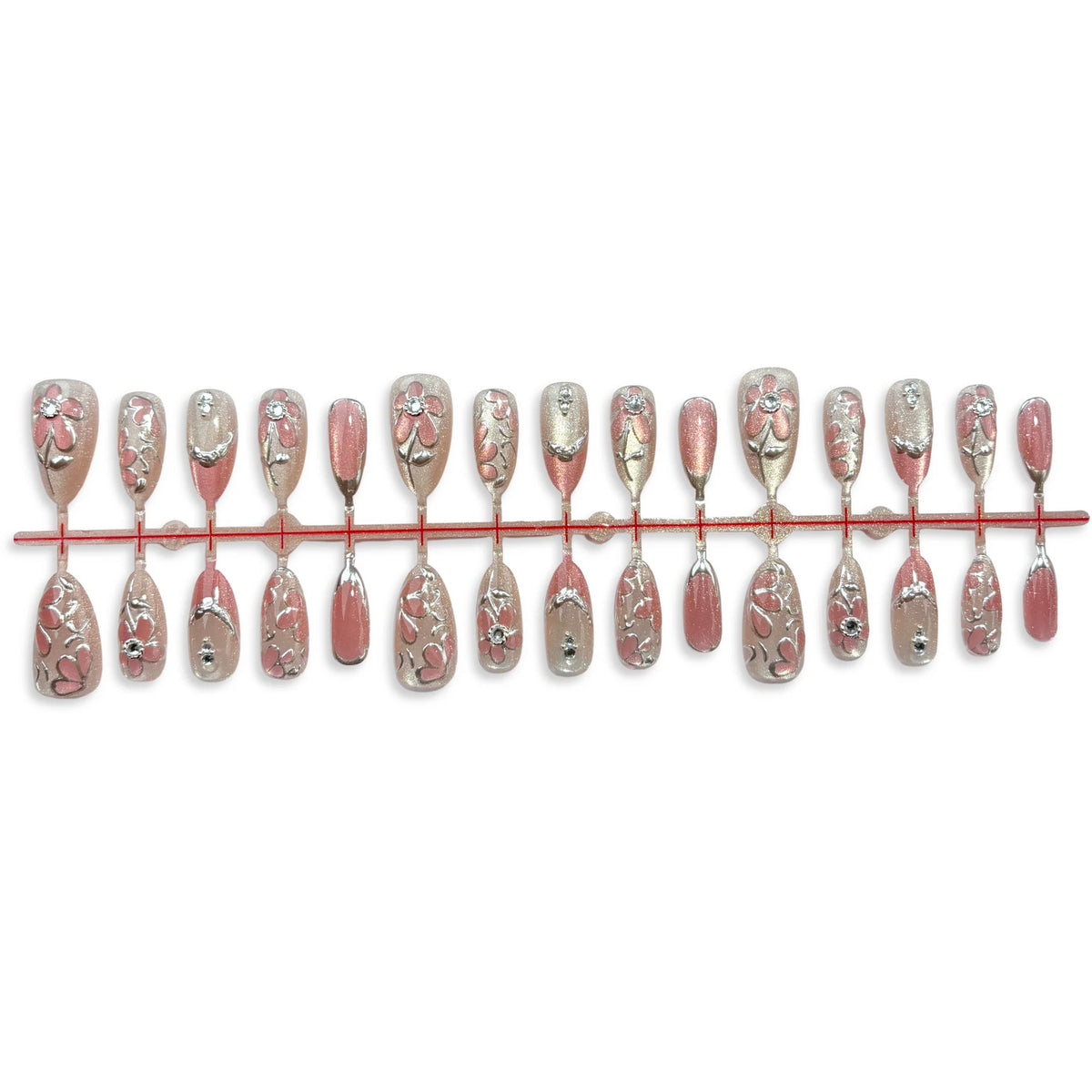 Press-On Nail Set Floral Pink Rose Multi-Size Long-Lasting