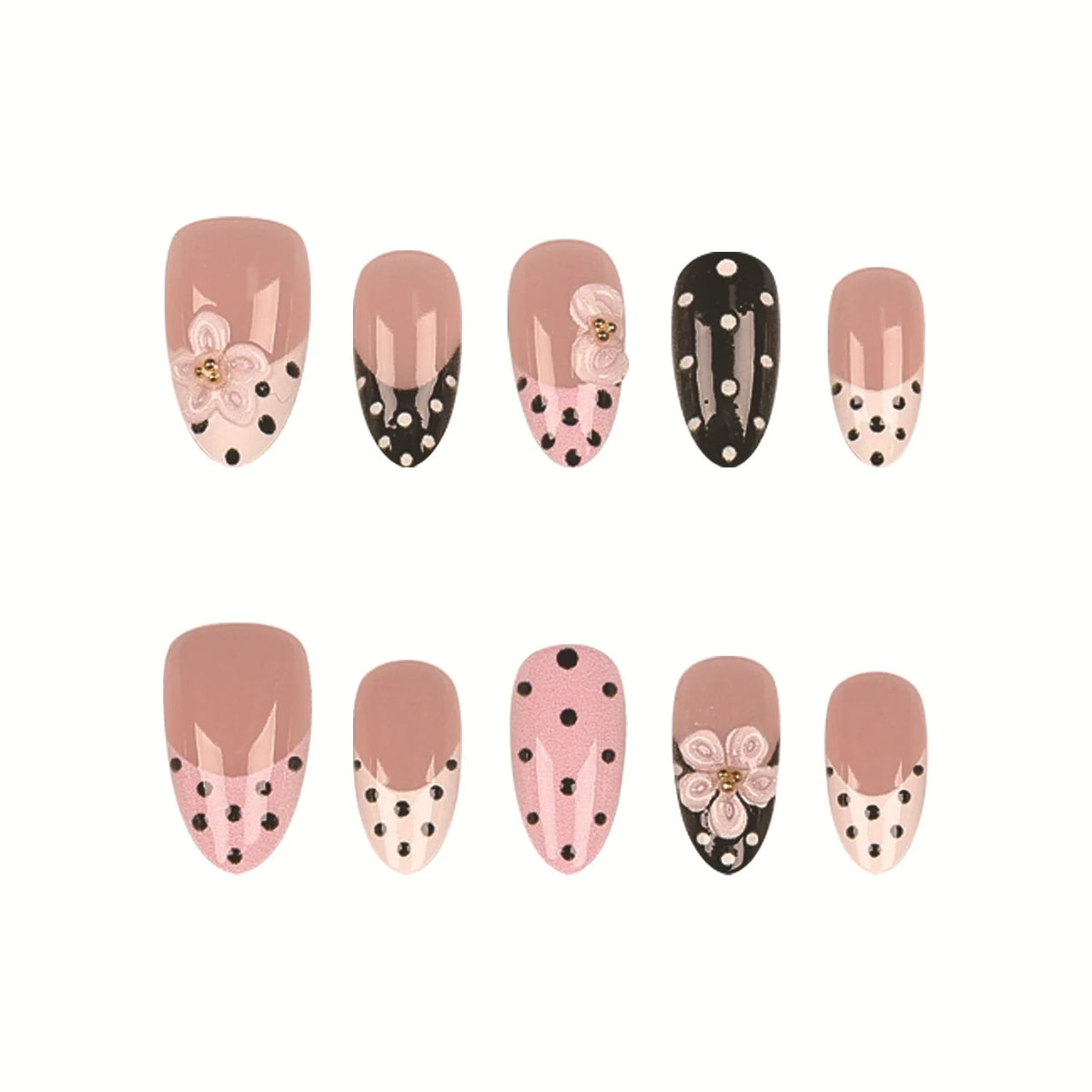 Press-On Nail Set Floral & Polka Dot Adhesive Reusable