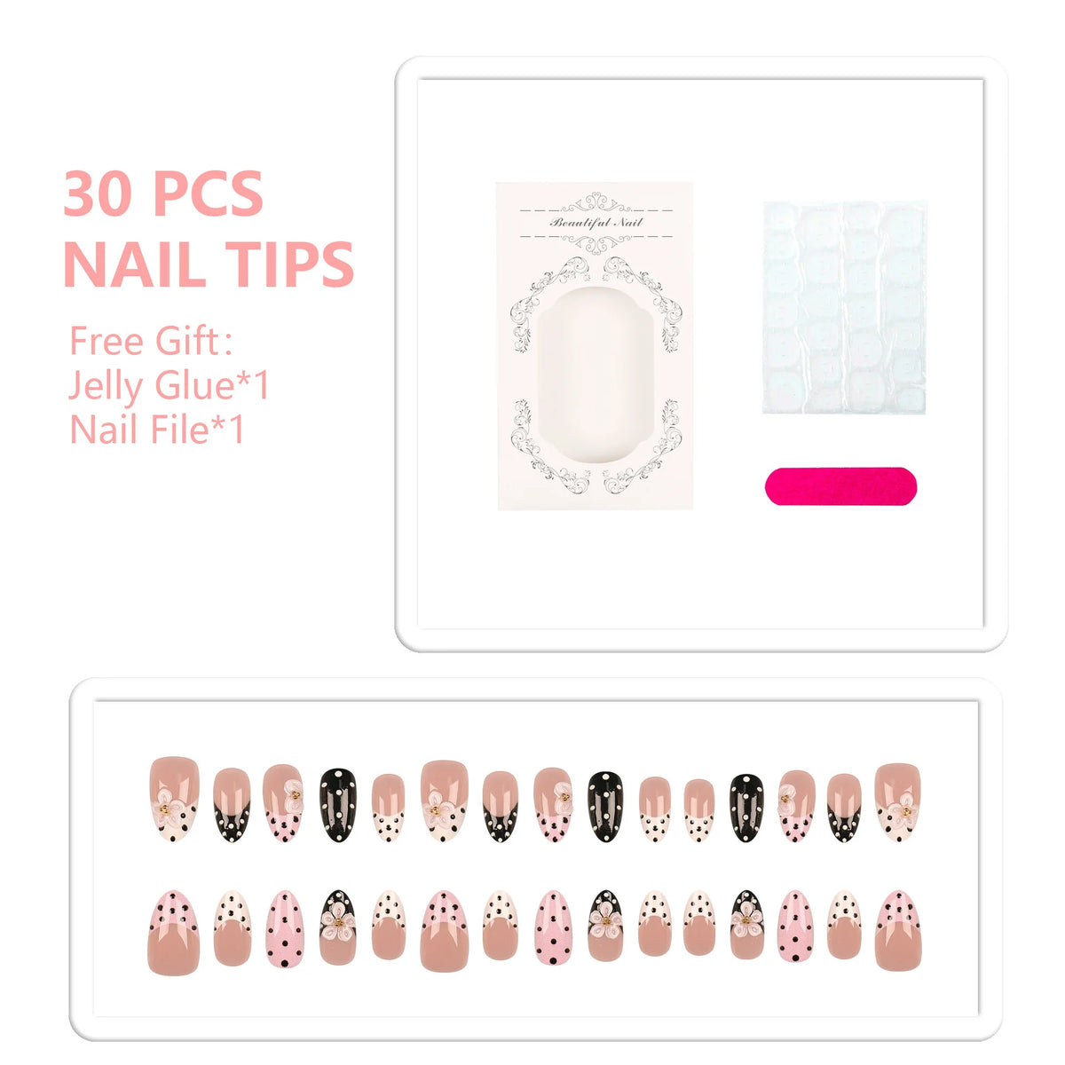Press-On Nail Set Floral & Polka Dot Adhesive Reusable