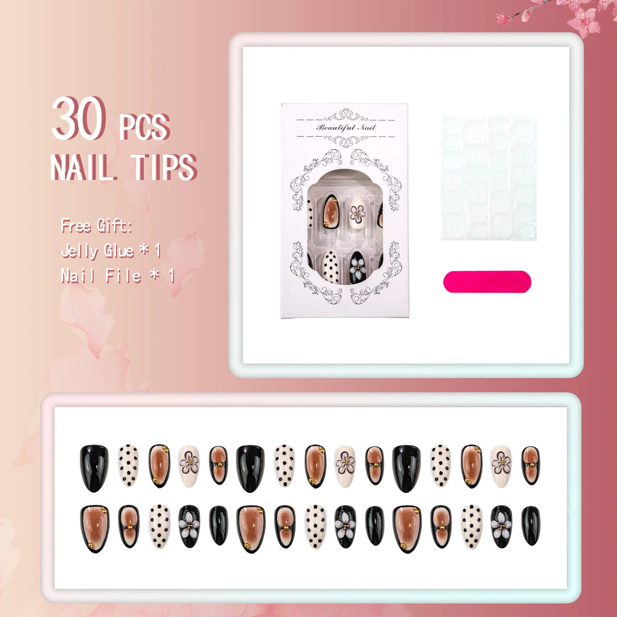 Press-On Nail Set Floral & Polka Dot No Glue