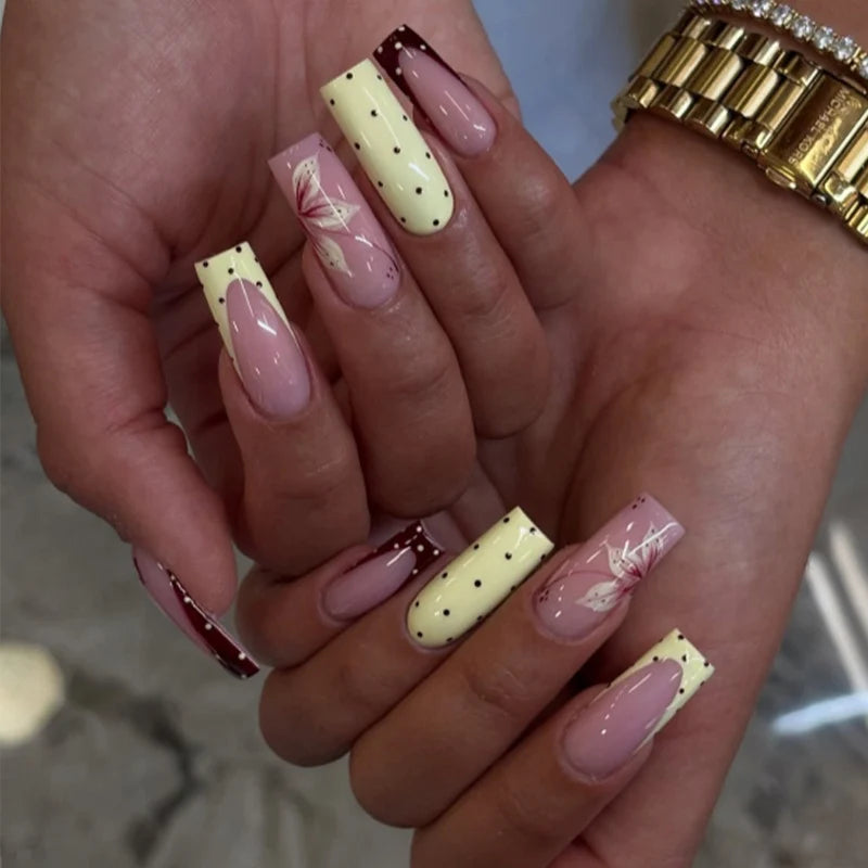 Press-On Nail Set Floral & Polka Dot Reusable