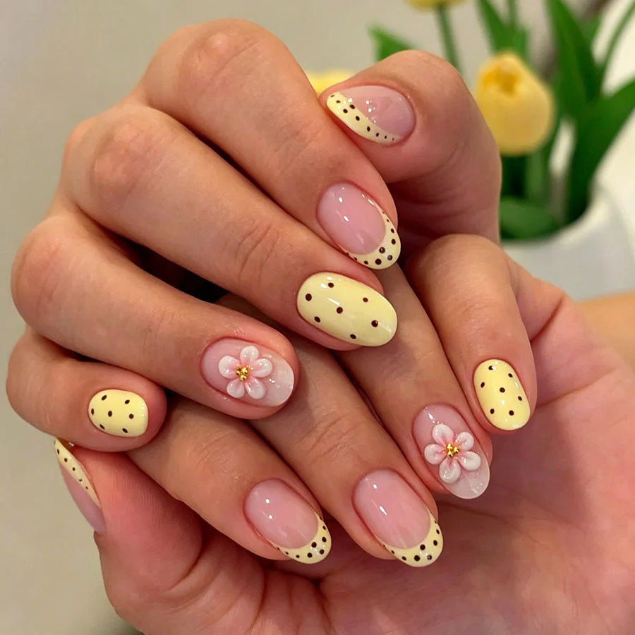 Press-On Nail Set Floral & Polka Dot Reusable Non-Toxic