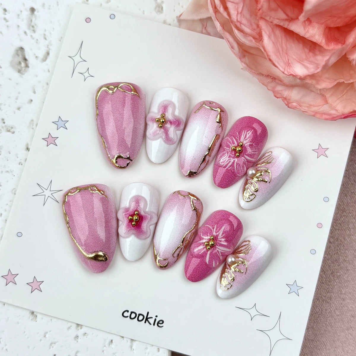 Press-On Nail Set Floral Pre-Applied Adhesive & Reusable