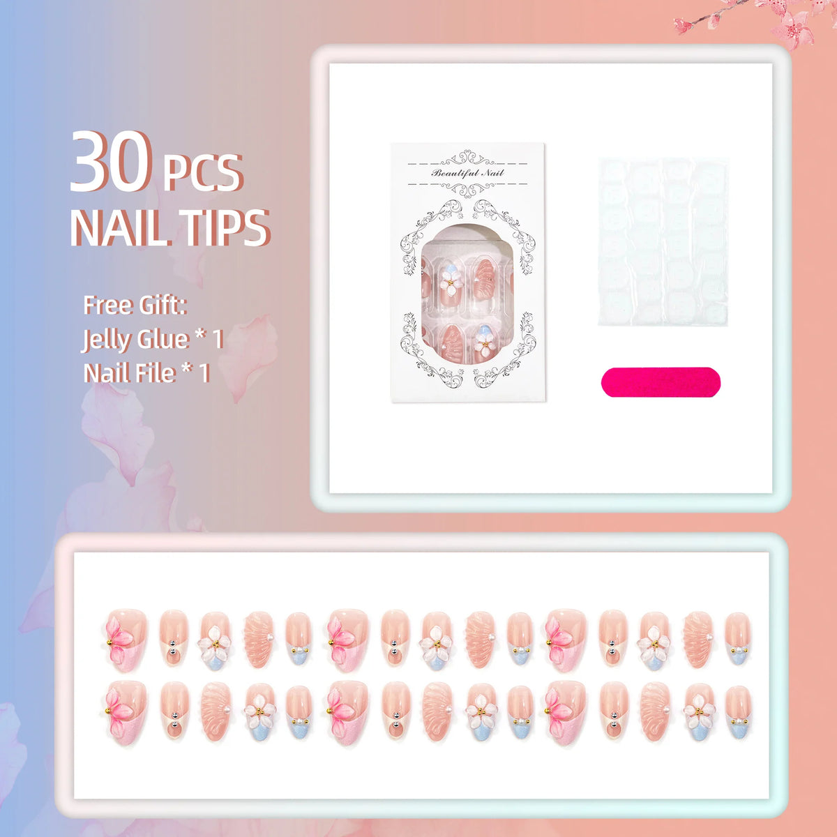 Press-On Nail Set Floral Pre-Glued Chip-Resistant