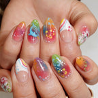 Press-On Nail Set Floral & Rainbow Reusable Tips