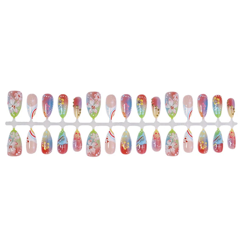 Press-On Nail Set Floral & Rainbow Reusable Tips