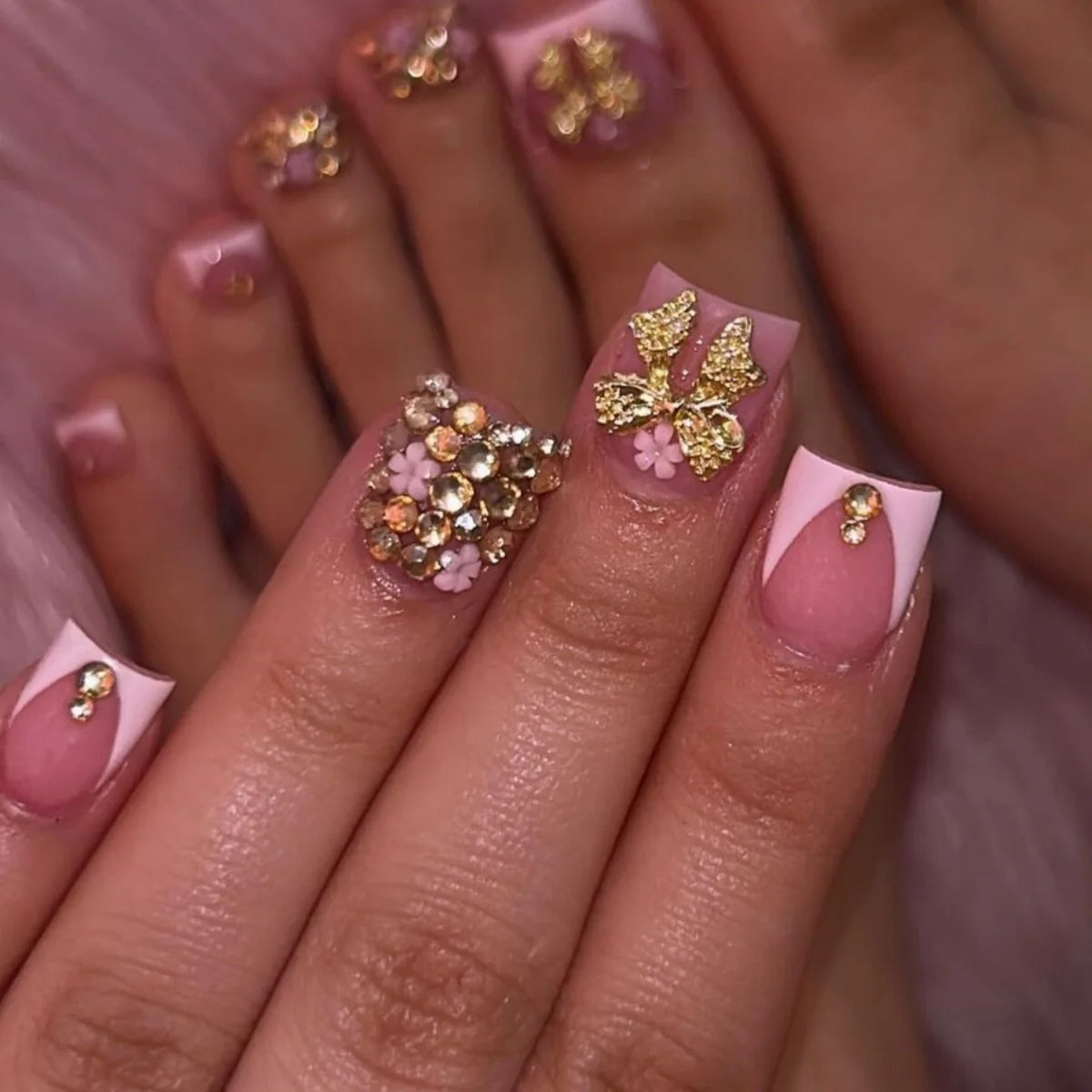 Press-On Nail Set Floral & Rhinestone Adhesive Backing