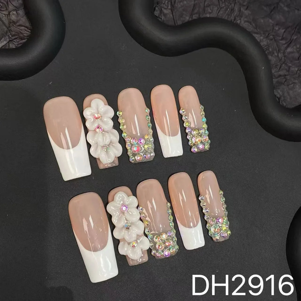 Press-On Nail Set Floral & Rhinestone Easy Application