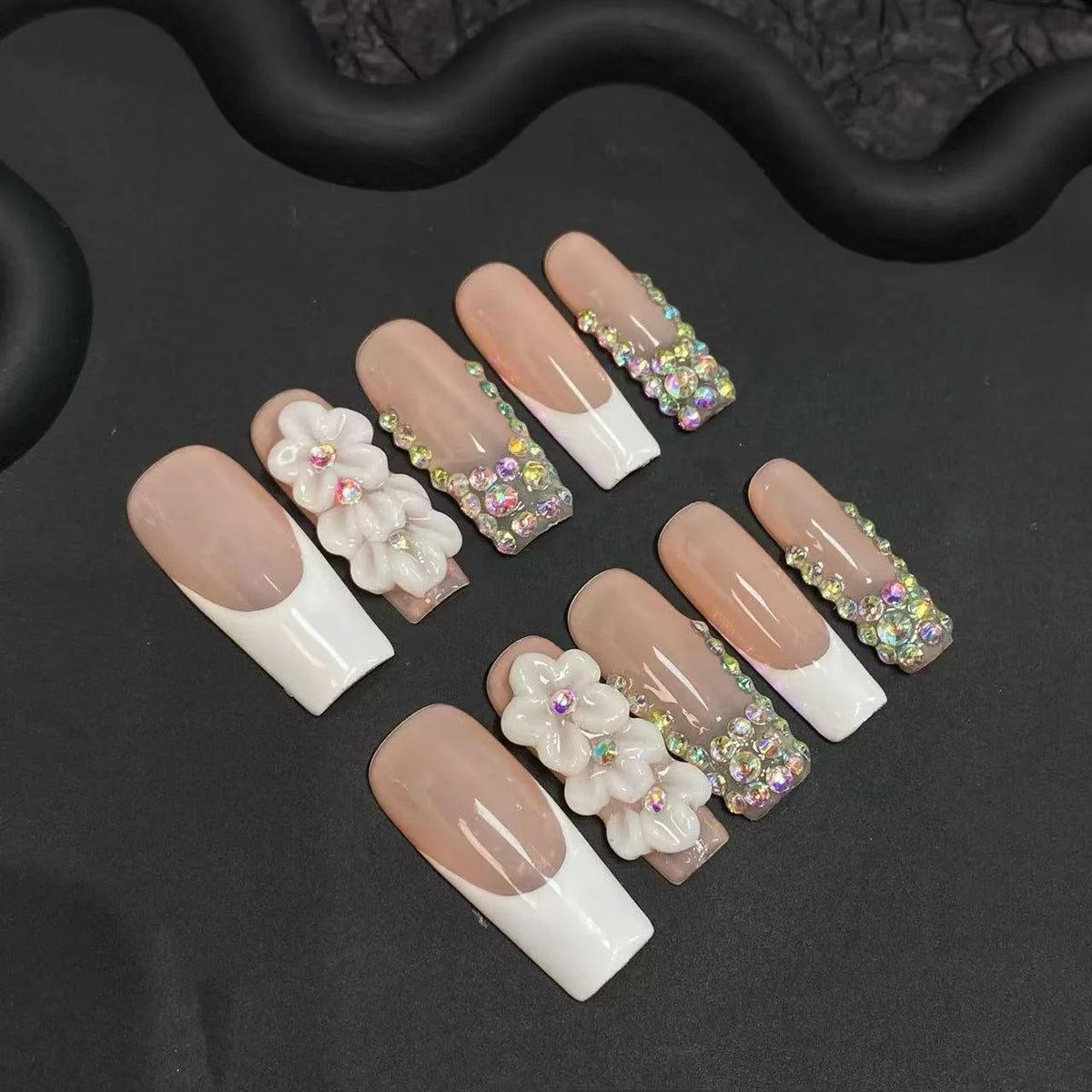 Press-On Nail Set Floral & Rhinestone Easy Application