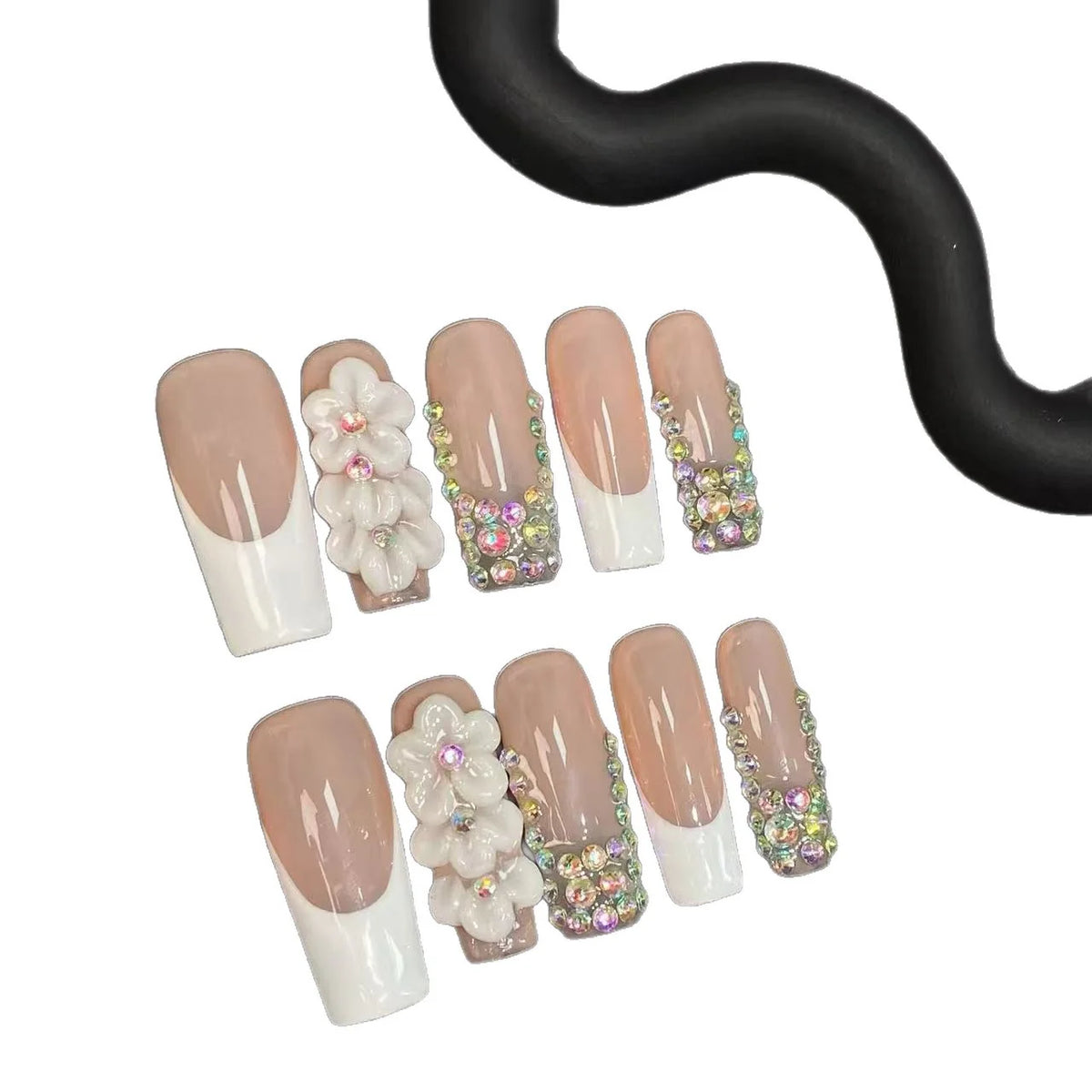 Press-On Nail Set Floral & Rhinestone Easy Application