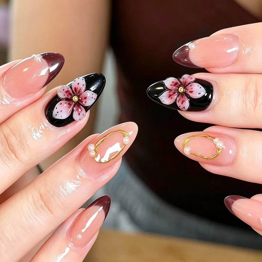 Press-On Nail Set Floral Rhinestone Glue-Free