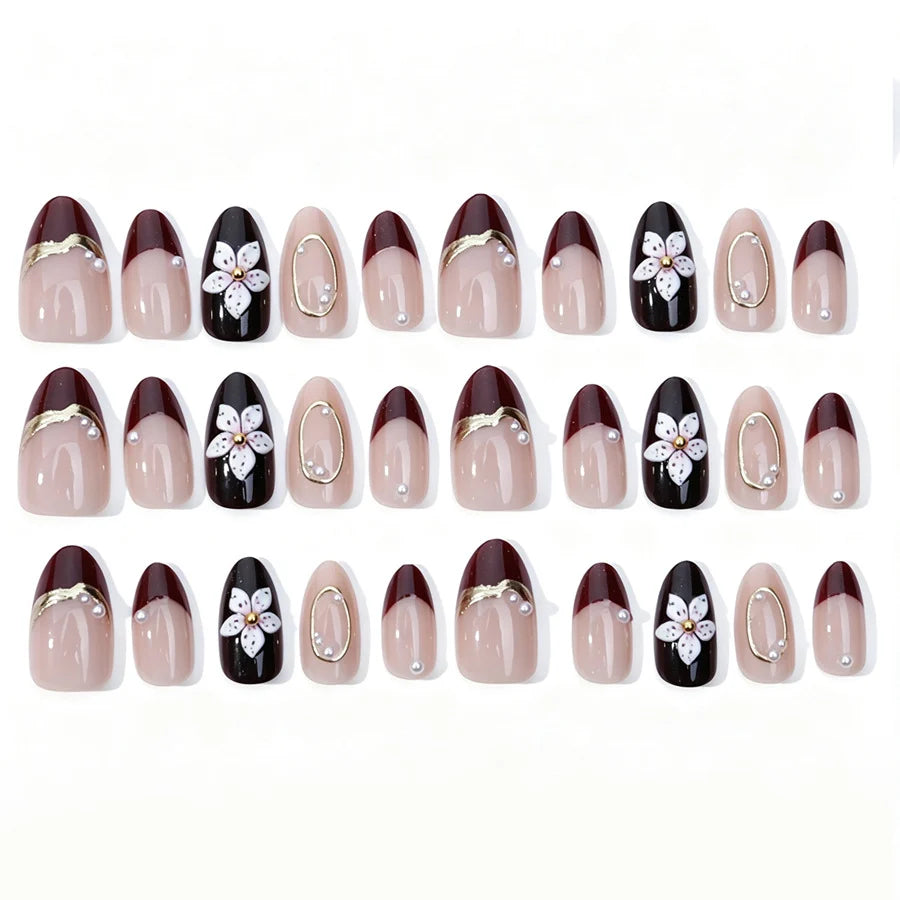 Press-On Nail Set Floral Rhinestone Glue-Free