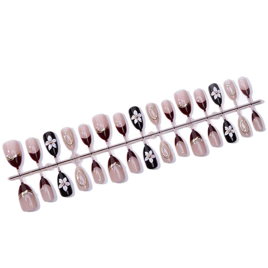 Press-On Nail Set Floral Rhinestone Glue-Free