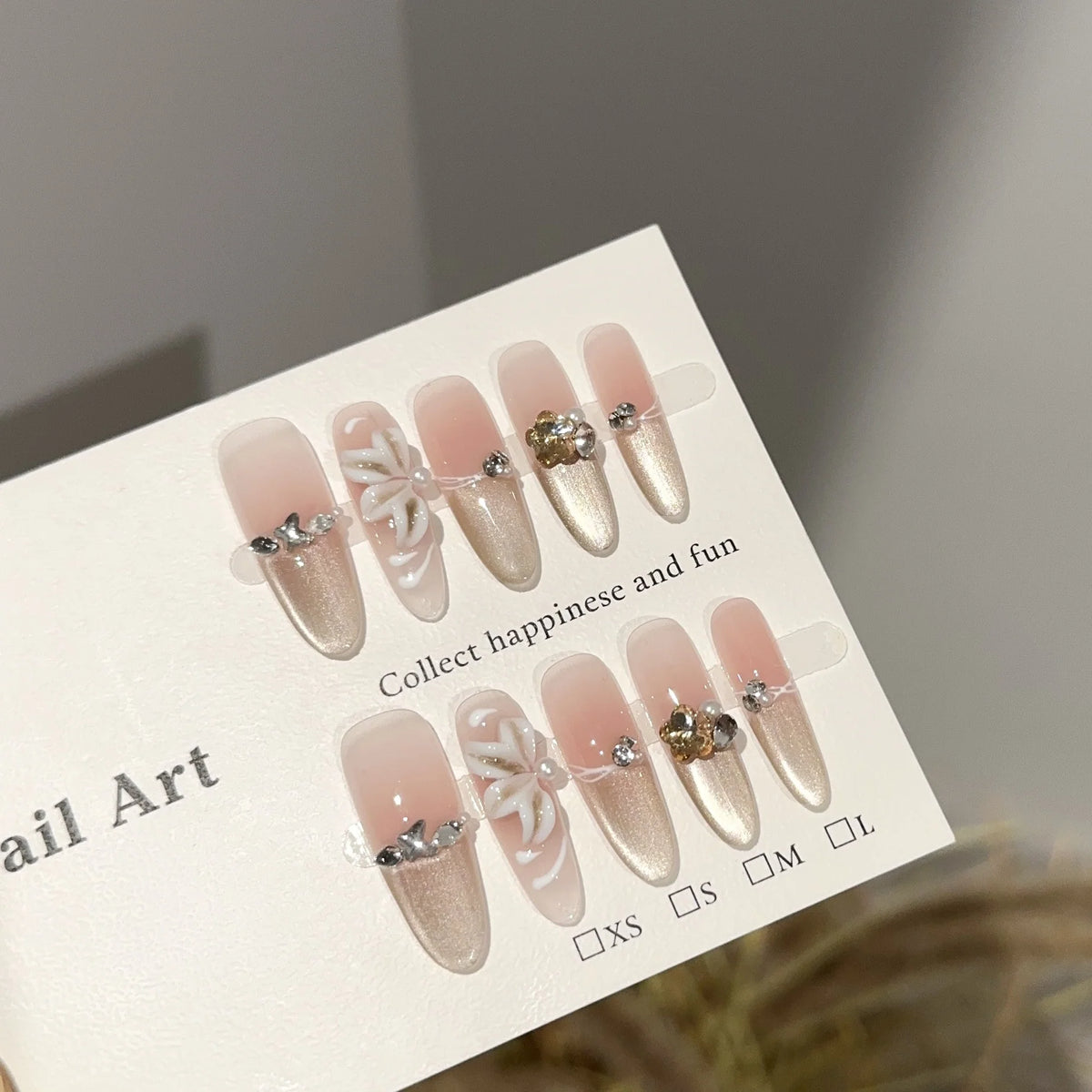 Press-On Nail Set Floral & Rhinestone Multiple Sizes