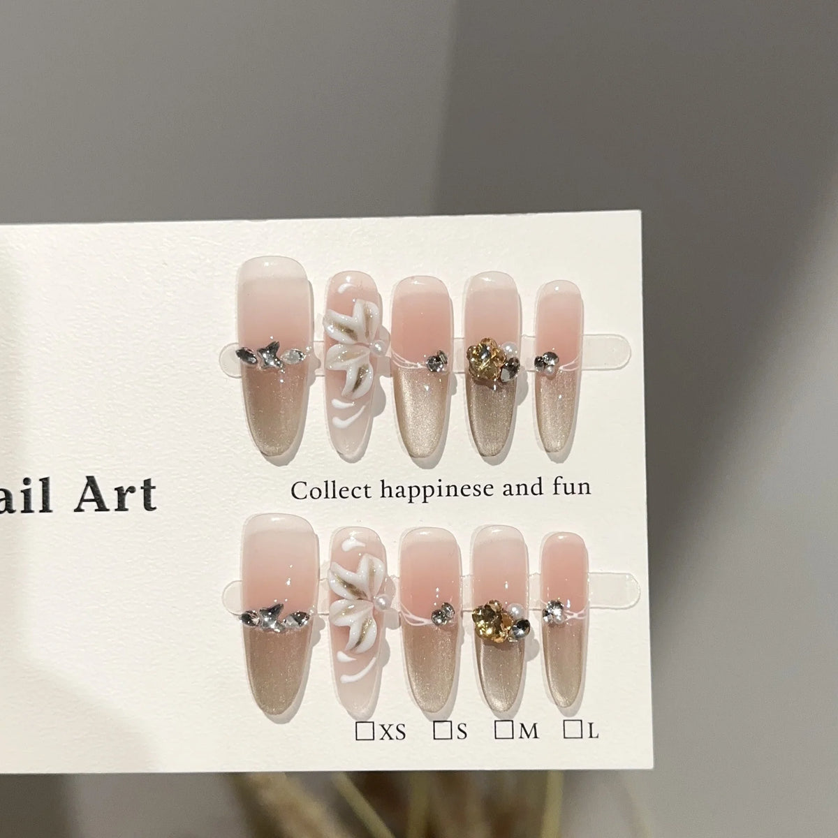 Press-On Nail Set Floral & Rhinestone Multiple Sizes