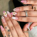 Press-On Nail Set Floral Rhinestone Pink & White
