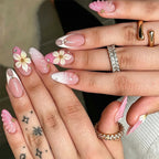 Press-On Nail Set Floral Rhinestone Pink & White