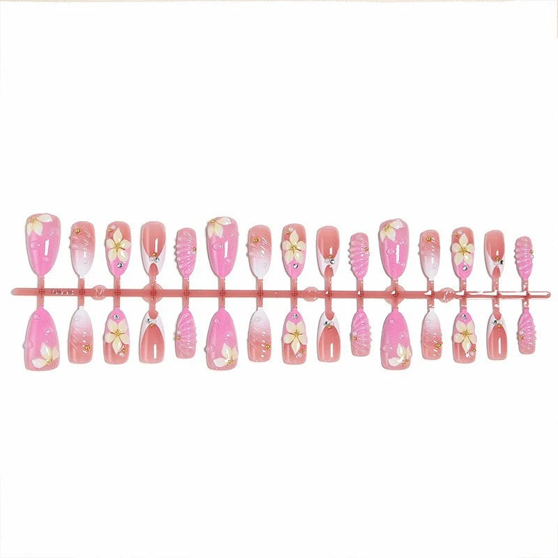 Press-On Nail Set Floral Rhinestone Pink & White