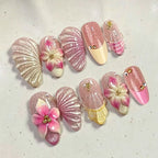 Press-On Nail Set Floral Rhinestone Reusable