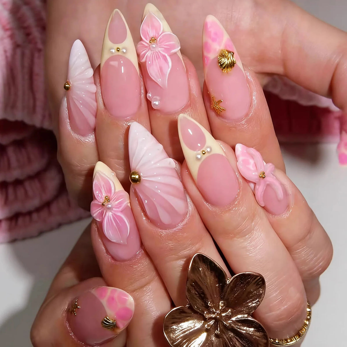 Press-On Nail Set Floral & Rhinestone Reusable