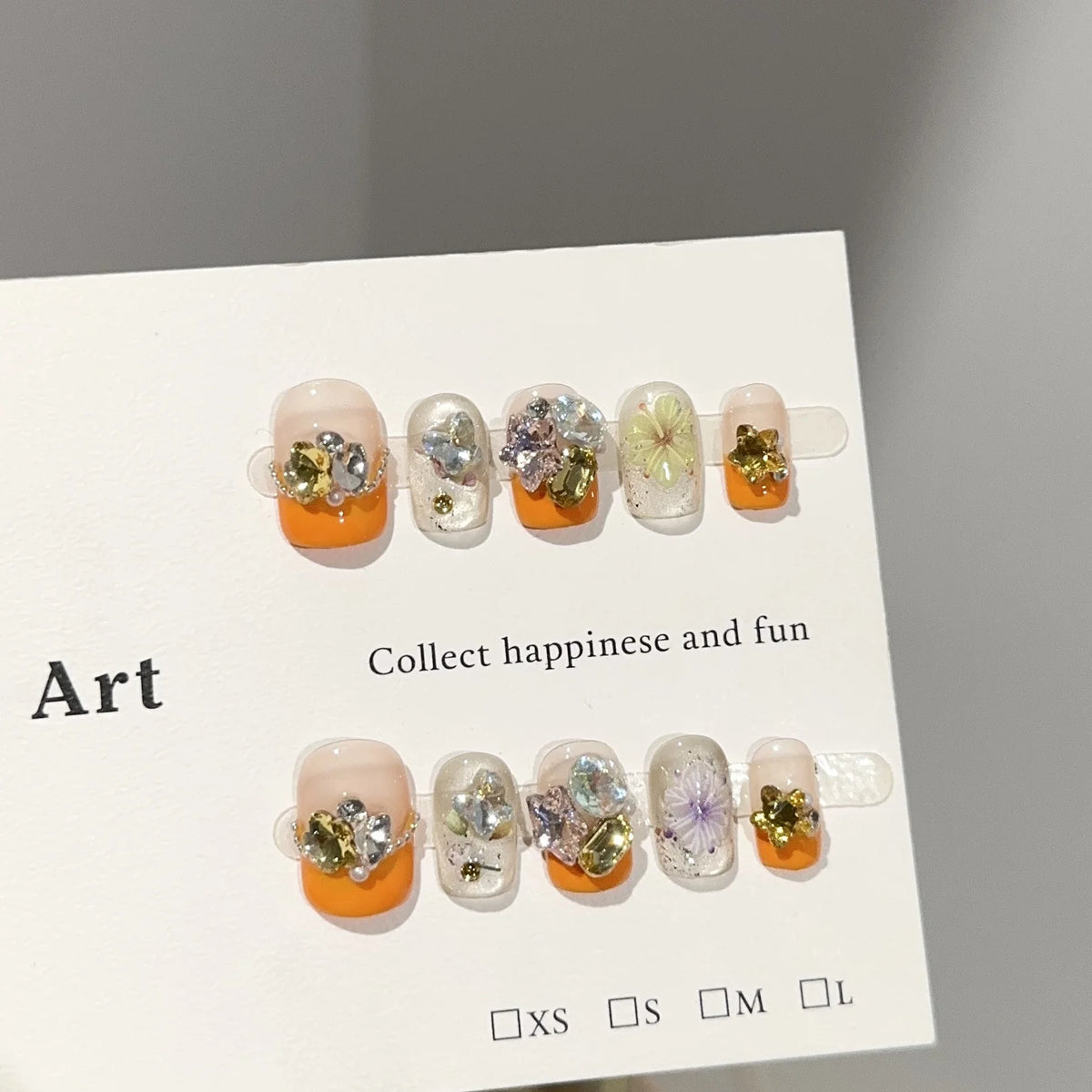 Press-On Nail Set Floral & Rhinestone Reusable