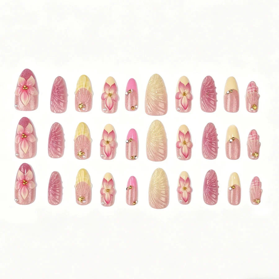 Press-On Nail Set Floral Rhinestone Reusable