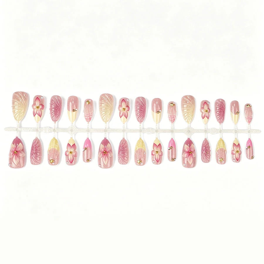 Press-On Nail Set Floral Rhinestone Reusable