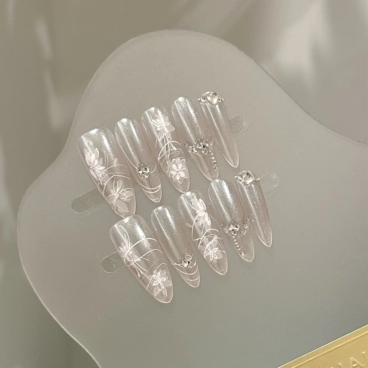 Press-On Nail Set Floral Rhinestones Easy Application