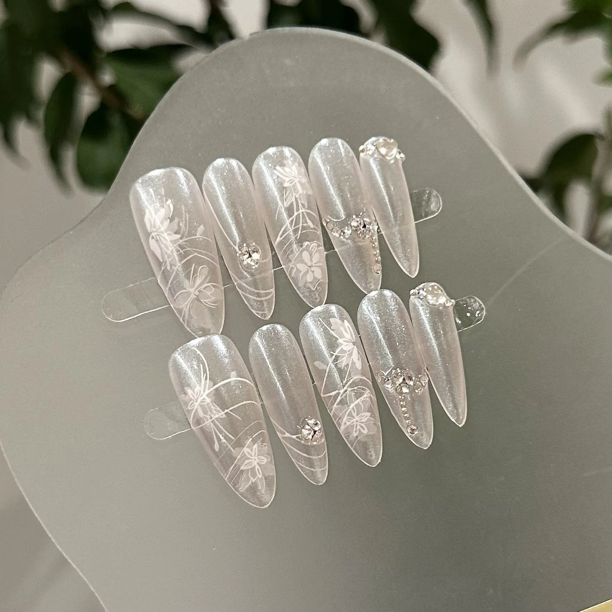 Press-On Nail Set Floral Rhinestones Easy Application