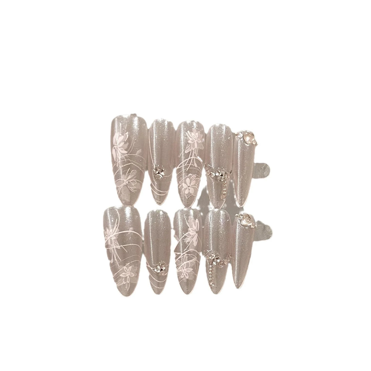 Press-On Nail Set Floral Rhinestones Easy Application