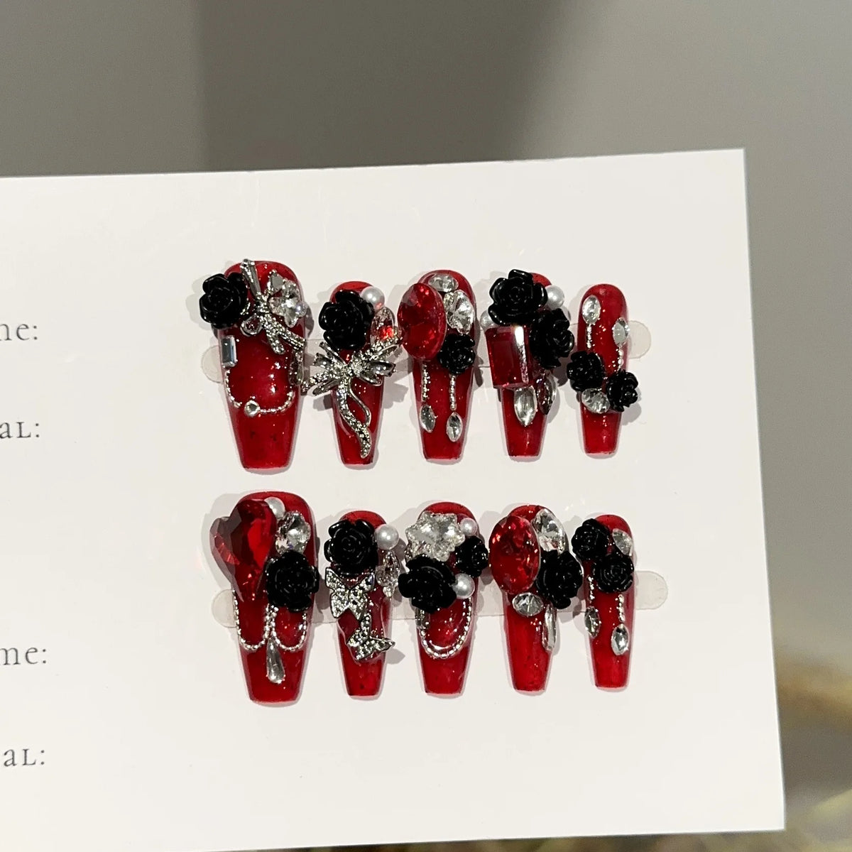 Press-On Nail Set Floral Rhinestones & Pearls No Glue