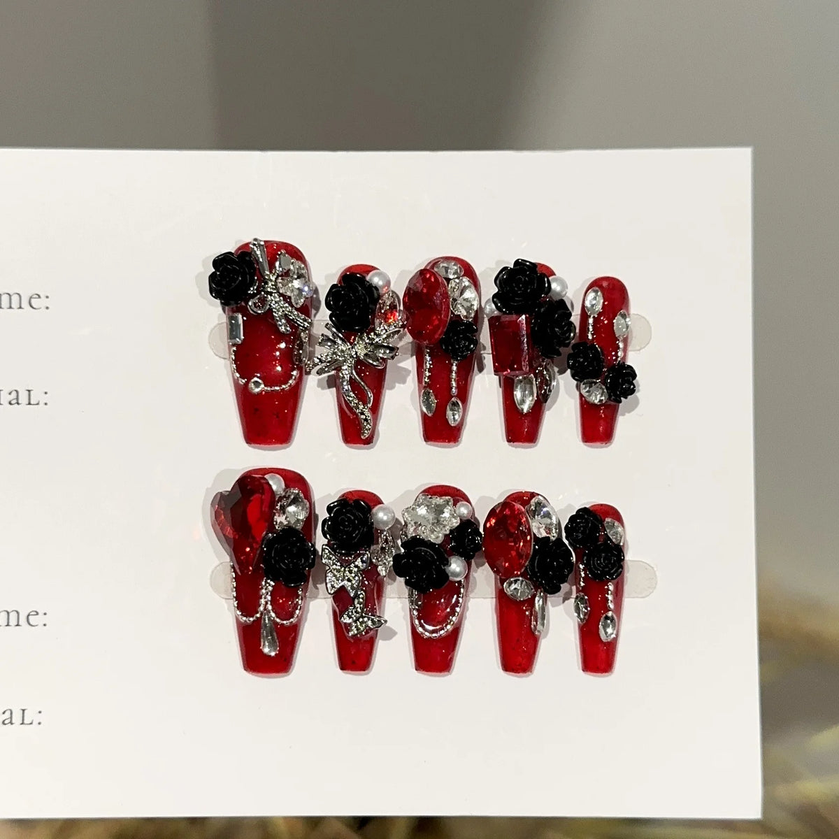Press-On Nail Set Floral Rhinestones & Pearls No Glue