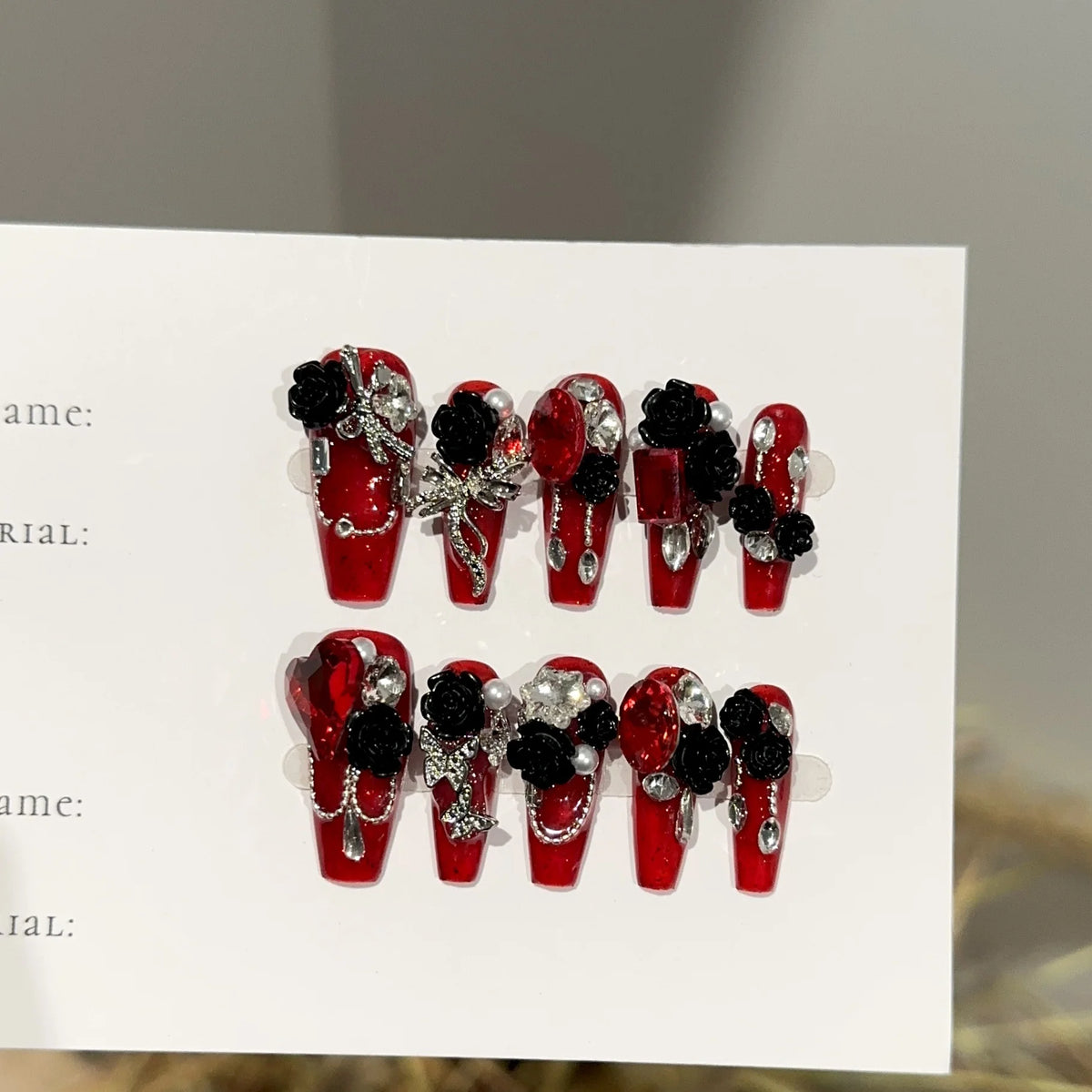 Press-On Nail Set Floral Rhinestones & Pearls No Glue