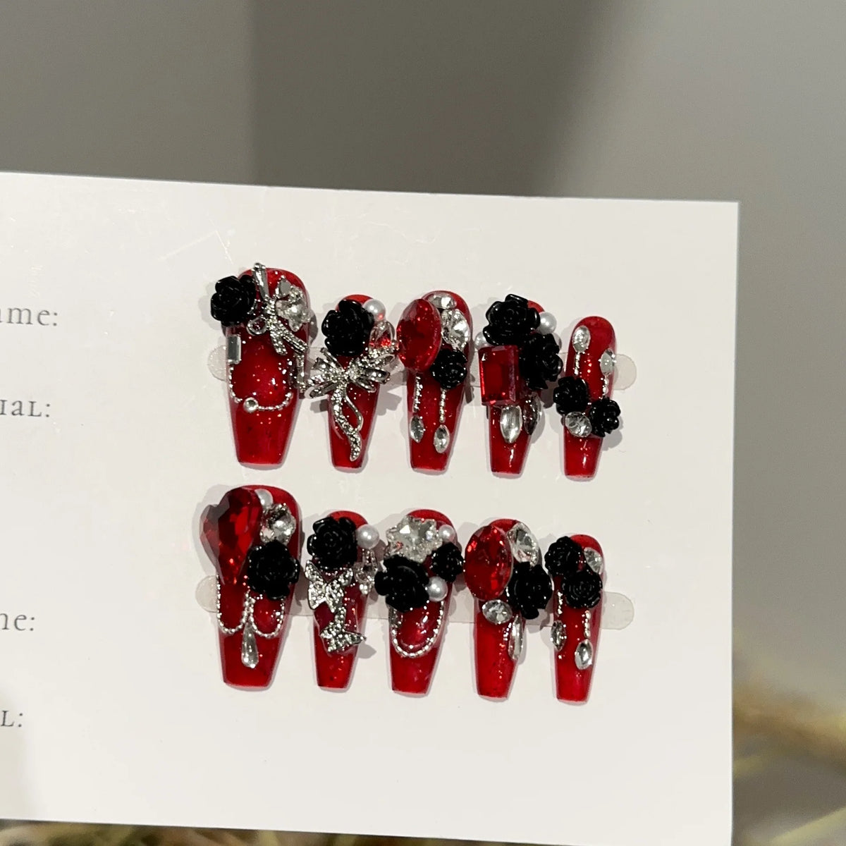 Press-On Nail Set Floral Rhinestones & Pearls No Glue