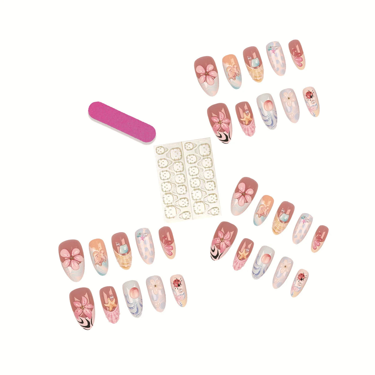 Press-On Nail Set Floral & Seashell Full-Cover Easy Application