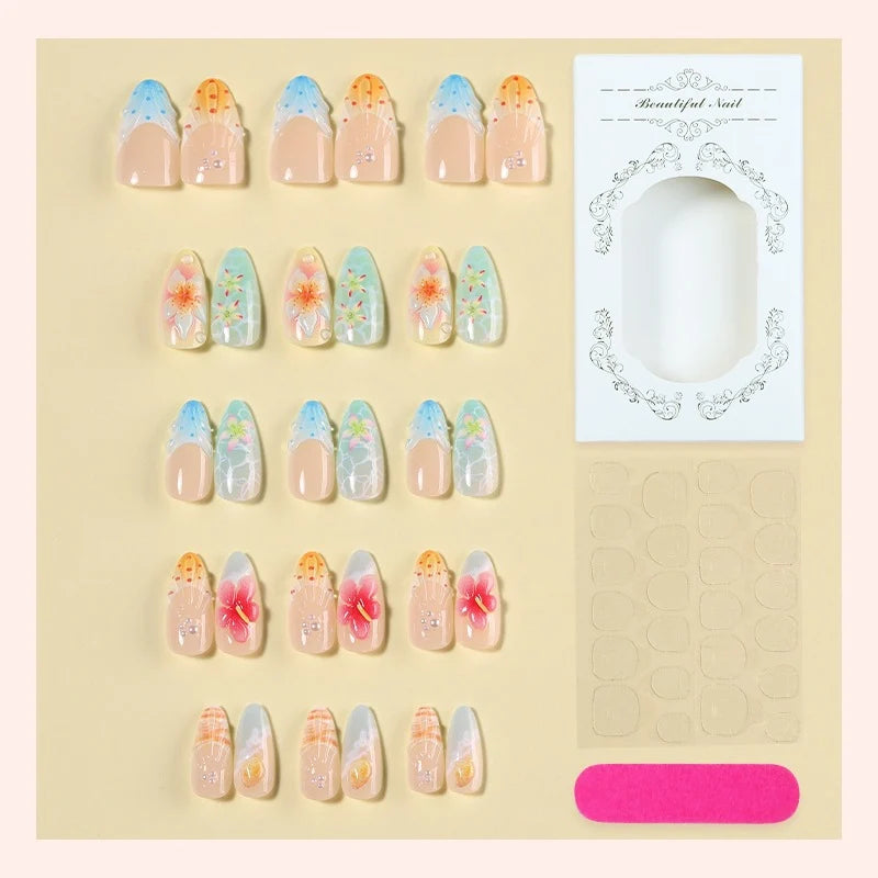 Press-On Nail Set Floral Self-Adhesive Long-Lasting Gloss
